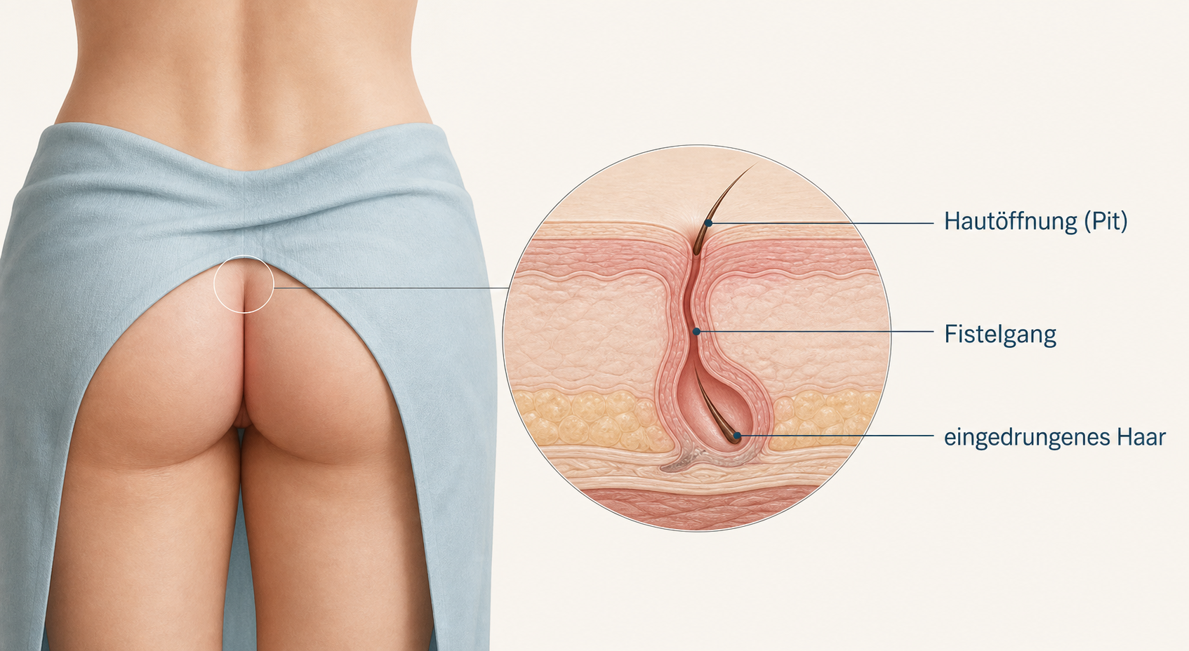 Medizinische Illustration einer Steißbeinfistel mit Hautöffnung, Fistelgang und eingedrungenem Haar