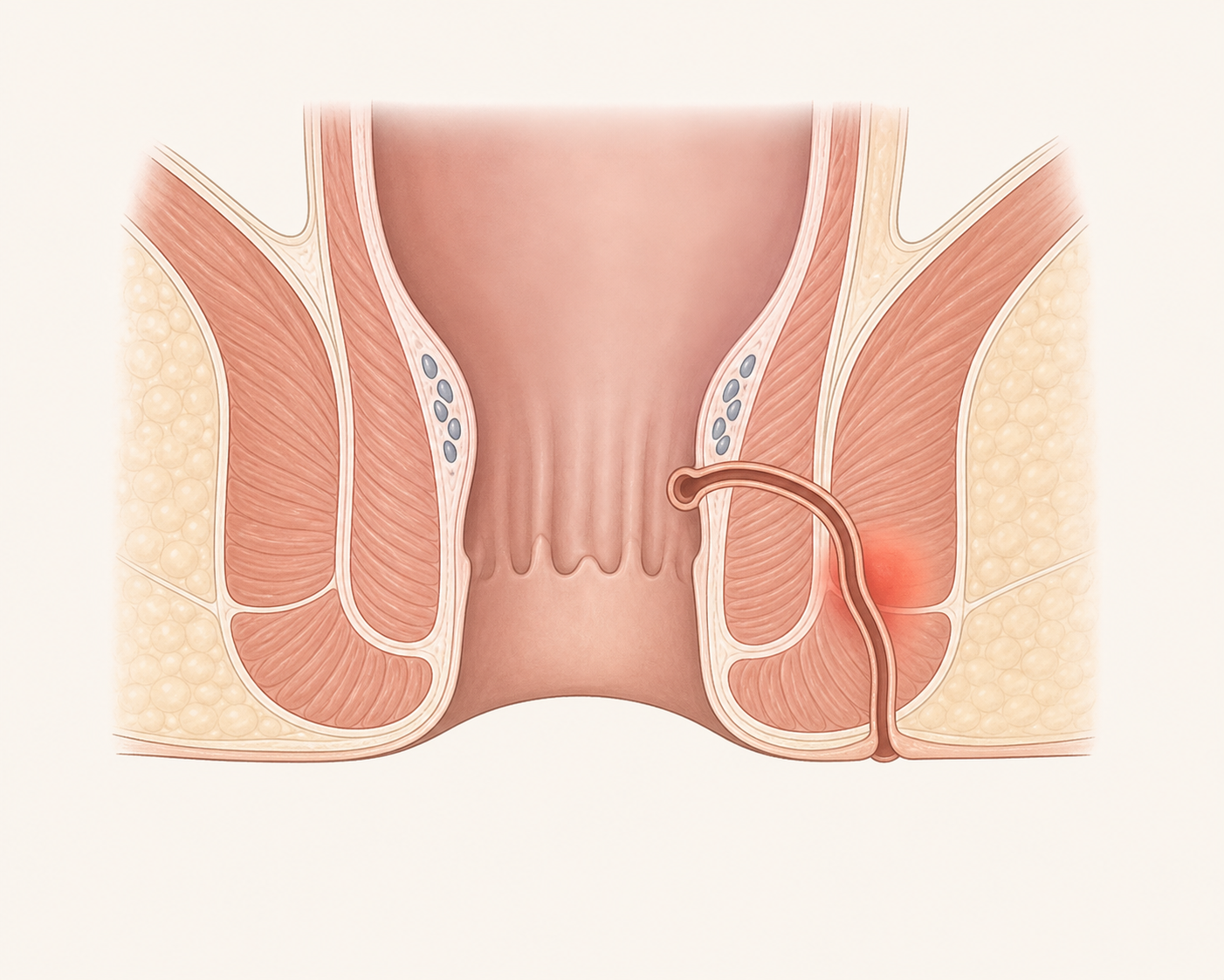 Schematische Darstellung eines Analfistelgangs zwischen Analkanal, Schließmuskel und Hautöffnung